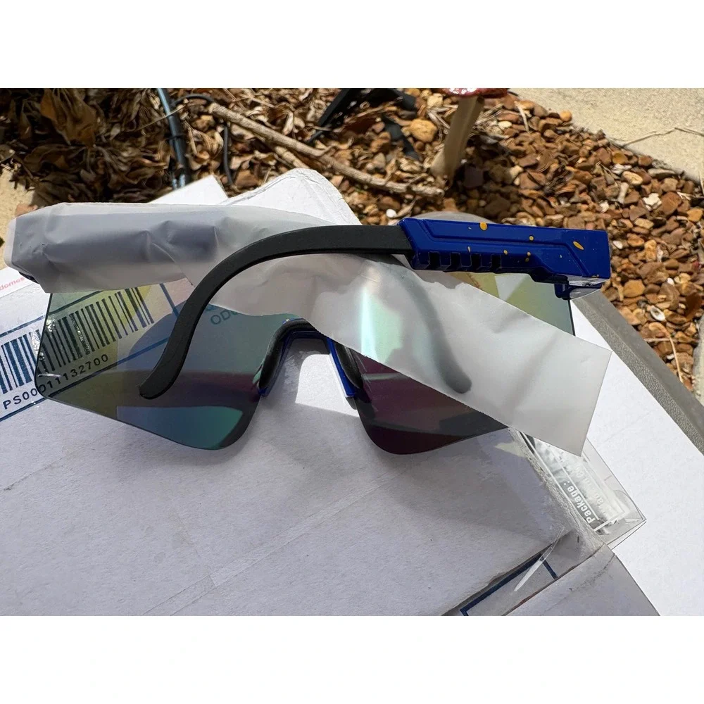 Blue Shield Sport Sunglasses Iridescent Mirrored Lens Paint Splatter Wrap‎